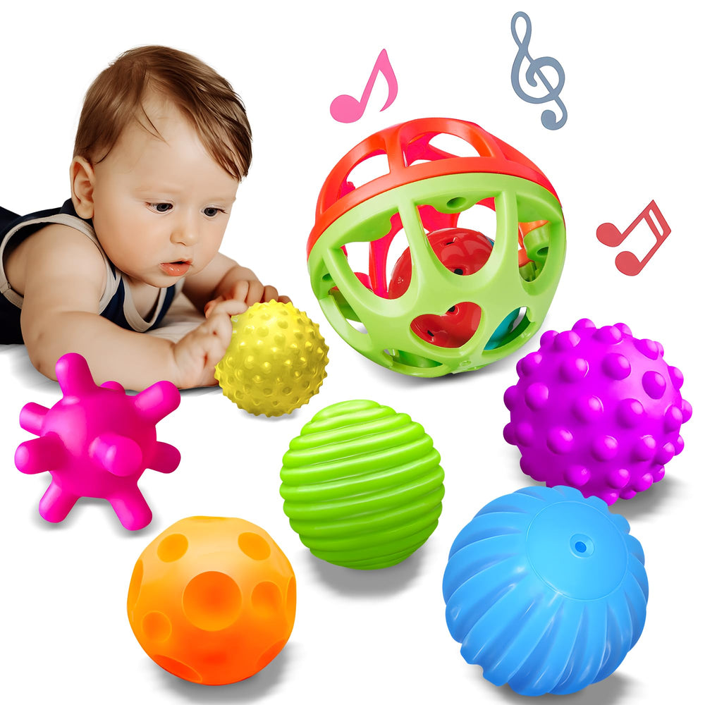 ROHSCE sensory balls six-pack close-up textures showing varied tactile surfaces for baby grasping