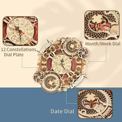 ROKR 3D puzzle clock dial detail highlights roman numerals for vintage-inspired timekeeping.