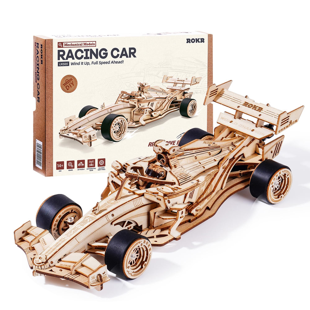 ROKR 3D puzzle formula racing car parts laid out for precise assembly.