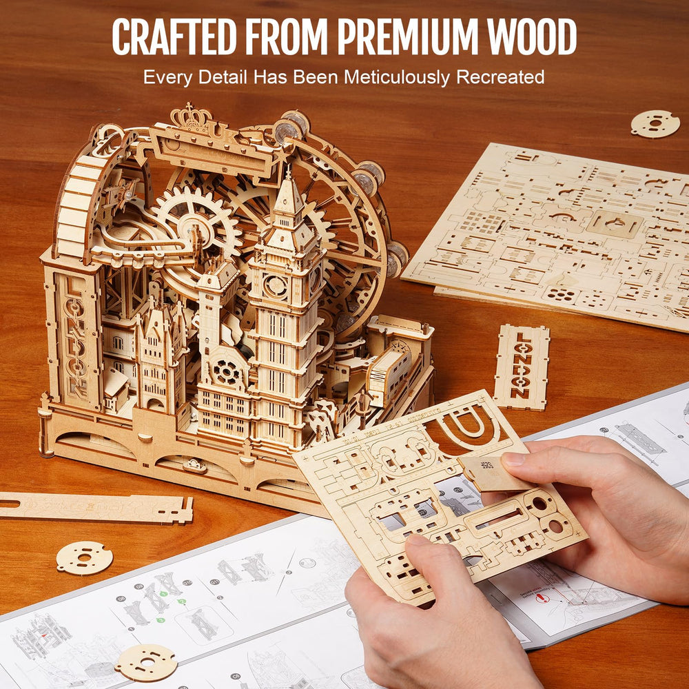 ROKR 3D puzzle Laser-cut assembly steps emphasize durable mortise-tenon fit.
