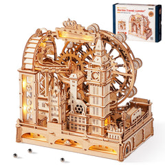 ROKR 3D puzzle London marble run front view shows precise laser-cut pieces for adults.