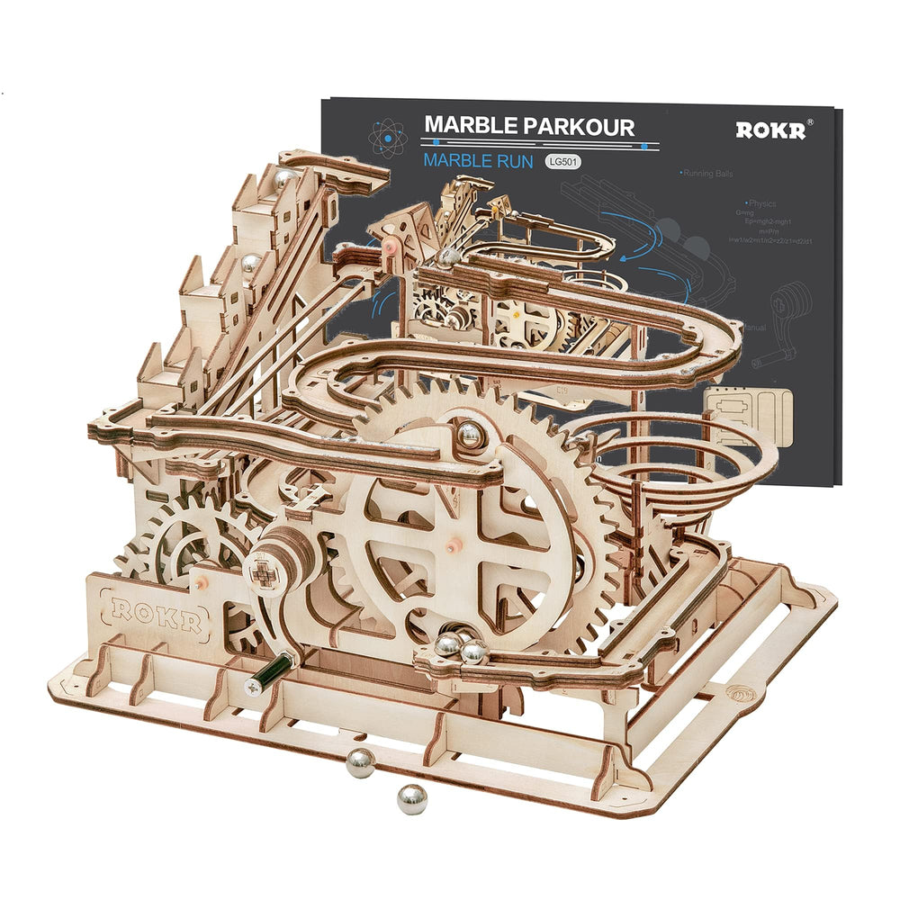 ROKR 3D marble run assembly showcasing synchronized gears for a satisfying hands-on challenge.