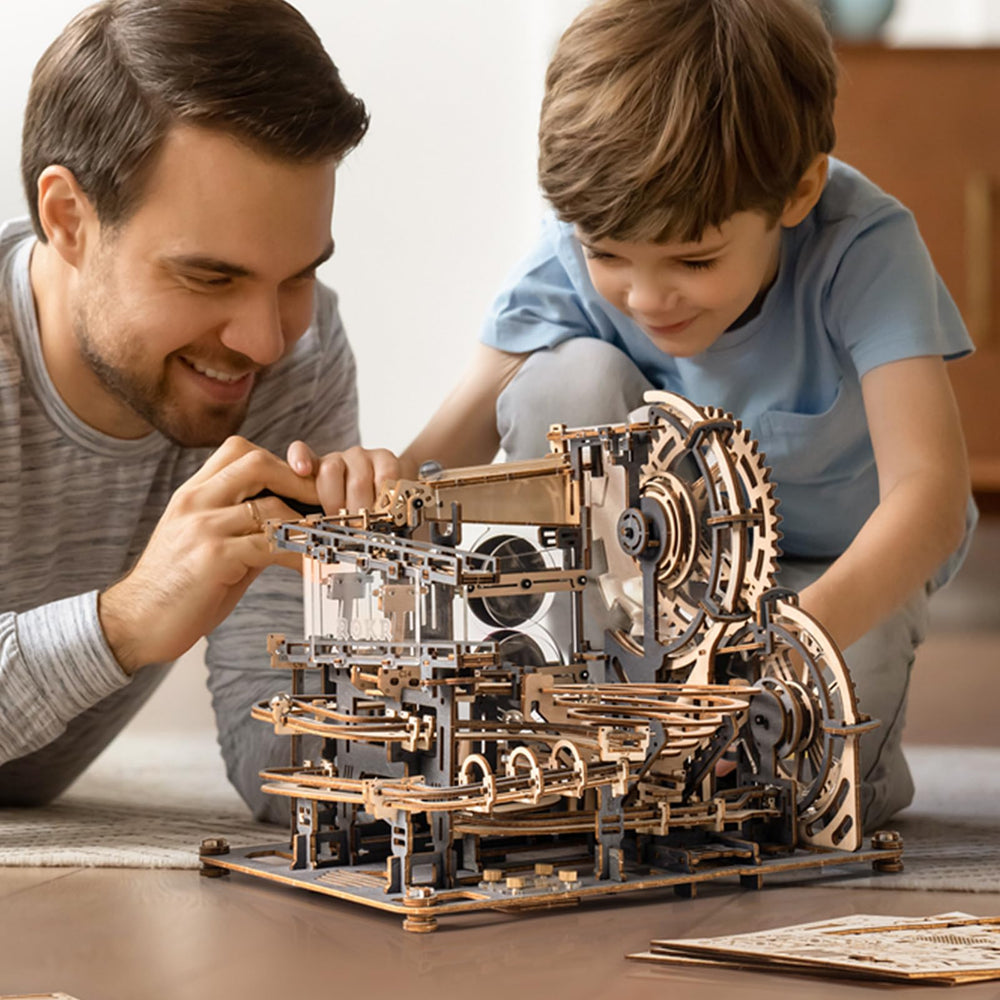 ROKR 3D puzzle marble runs featuring winding tracks and slides