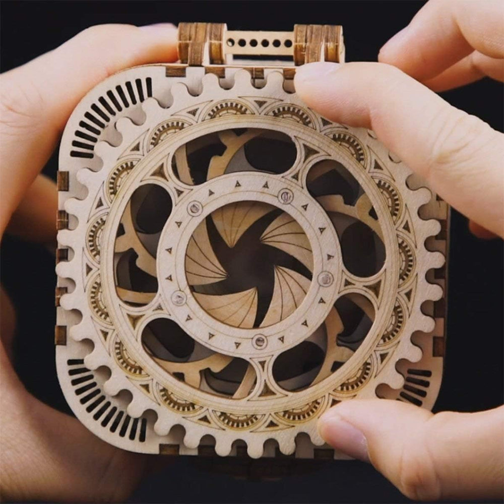 ROKR 3D wooden puzzle box top gear detail reveals hidden compartment access.