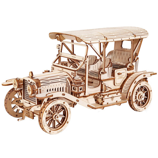 ROKR 3D wooden puzzle car kit front view for display-ready vintage model