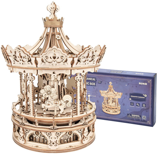 ROKR 3D wooden puzzle carousel model with rotating horses for dynamic décor.