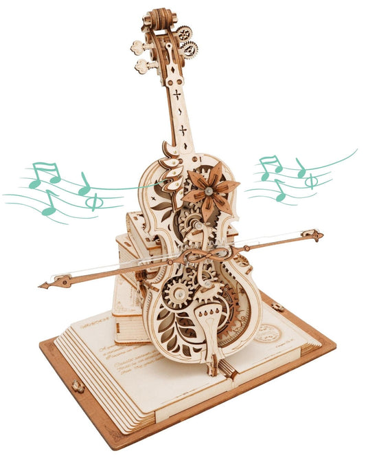 ROKR cello 3D puzzle base view highlights wood tones and display-ready stand.
