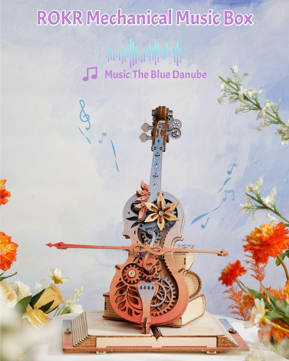 ROKR cello mechanism bow drive close-up showing autonomous motion