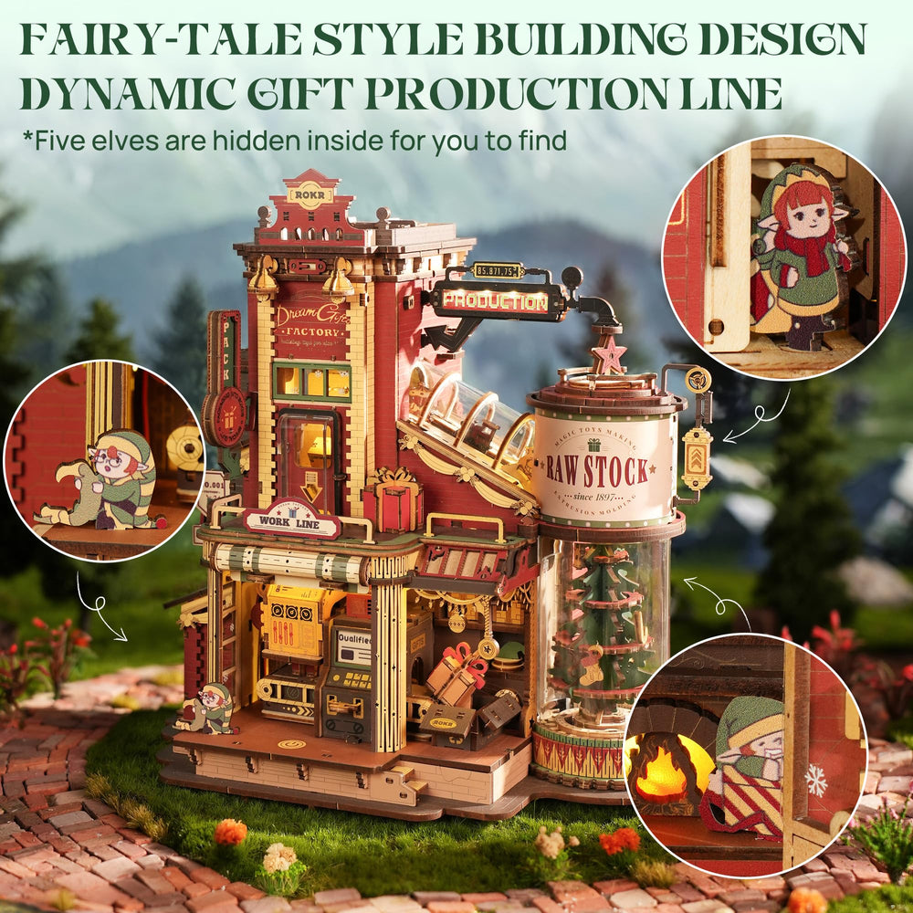 ROKR Dream Gift Factory illuminated scene highlights ambient lights for cozy holidays.