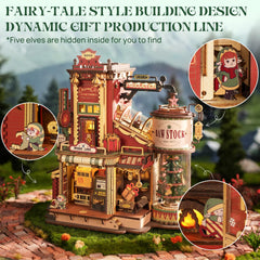 ROKR Dream Gift Factory illuminated scene highlights ambient lights for cozy holidays.