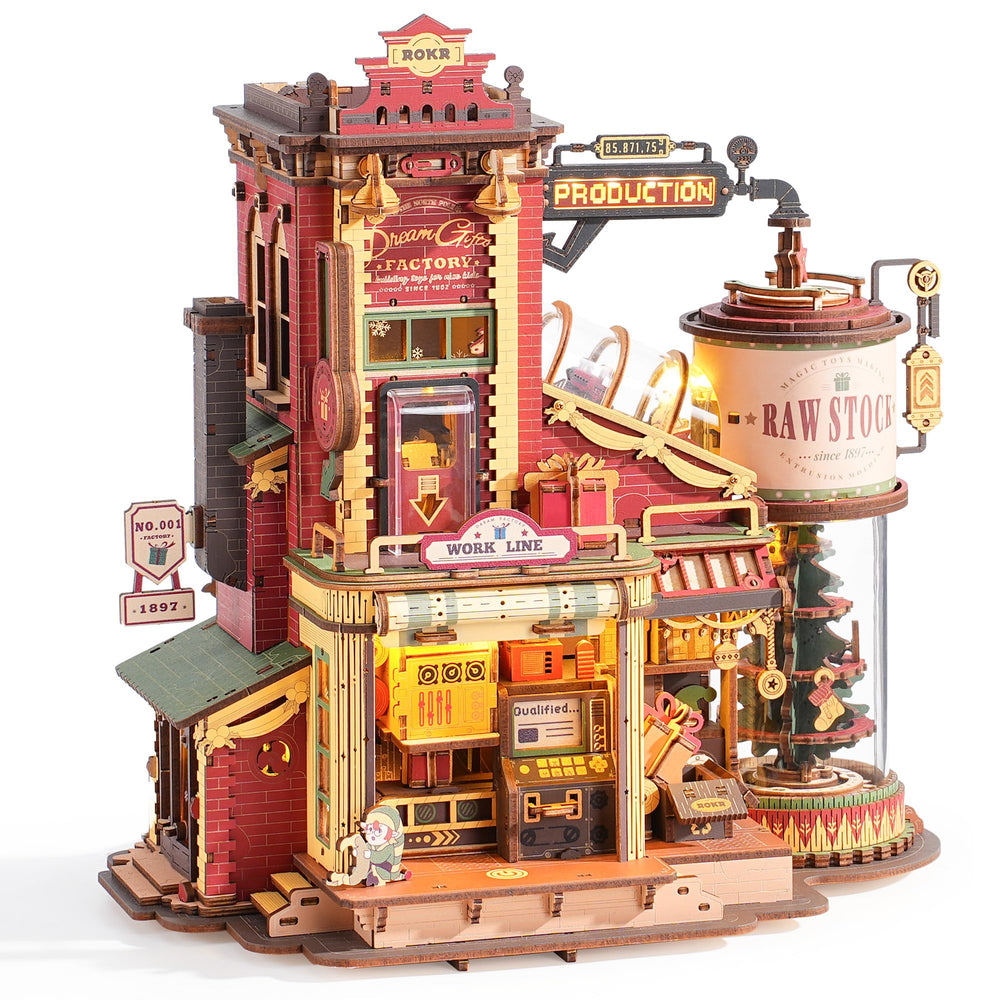 ROKR Dream Gift Factory puzzle parts laid out for precise assembly and focus.