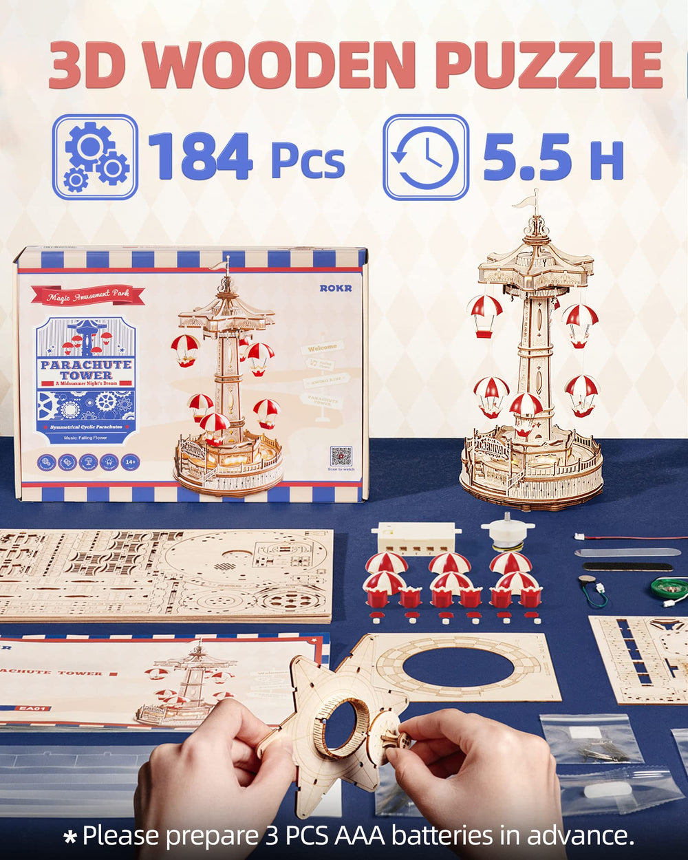 ROKR kit requires 3x AAA batteries and includes spare parts.