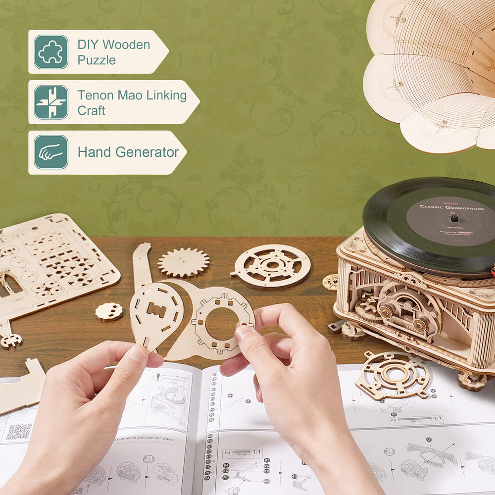 ROKR gramophone assembled model with crank, a functional display piece.