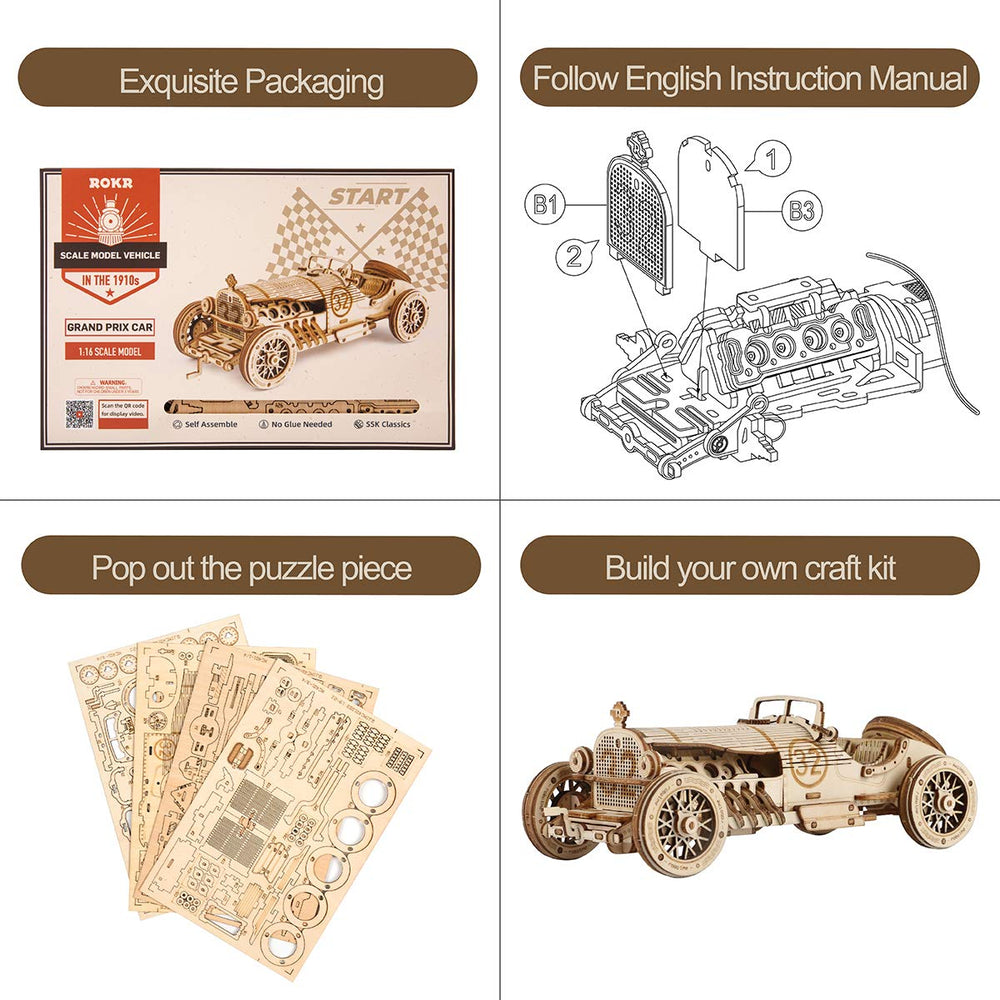 ROKR Grand Prix Car wood plywood construction emphasizes eco-friendly materials.