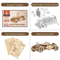 ROKR Grand Prix Car wood plywood construction emphasizes eco-friendly materials.