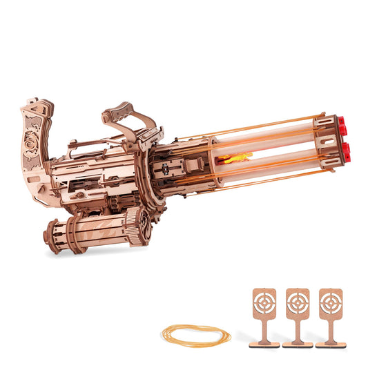 ROKR Gun 3D Puzzle rotating-barrel close-up shows durable wood construction for display and assembly