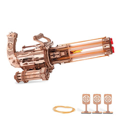 ROKR Gun 3D Puzzle rotating-barrel close-up shows durable wood construction for display and assembly