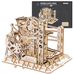 ROKR Lift Coaster puzzle finished model with rolling marble on track for desk display