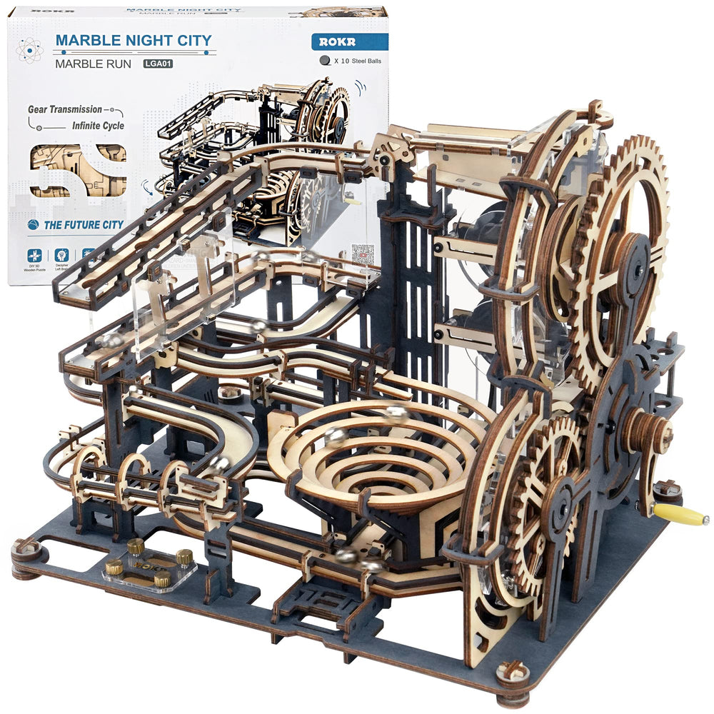 ROKR Marble Night City front view highlights sleek wooden puzzle design for desk display