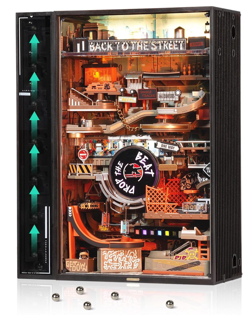 ROKR Marble Run hiphop city module with cyberpunk flair enhances desk ambiance.