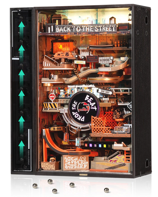 ROKR Marble Run hiphop city module with cyberpunk flair enhances desk ambiance.