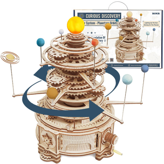 ROKR Orrery Solar System model with glowing sun for immersive astronomy learning.