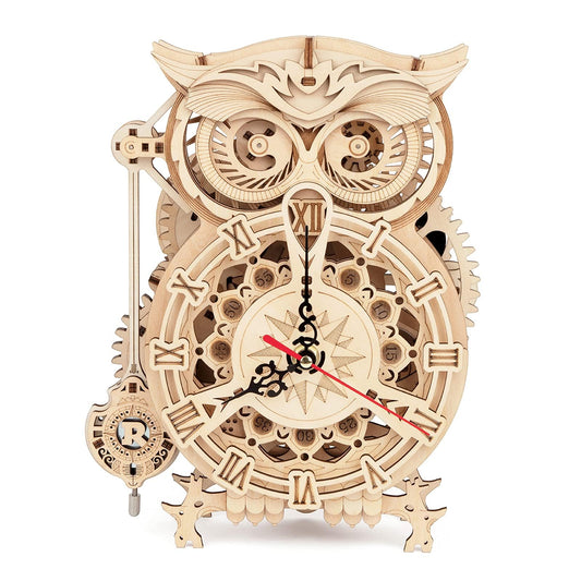 ROKR Owl Clock puzzle front view shows vintage owl design and silent clock mechanism