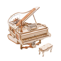 ROKR piano 3D puzzle with book-style base and gear-filled interior for educational display