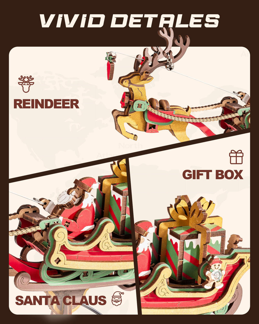ROKR Santa on Sleigh classic color palette enhances holiday ambiance and display appeal.