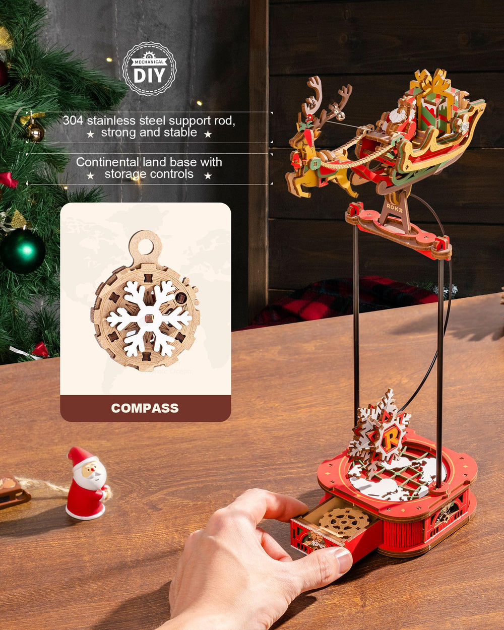 ROKR Santa on Sleigh silver bells closeup highlights gentle jingling during play.
