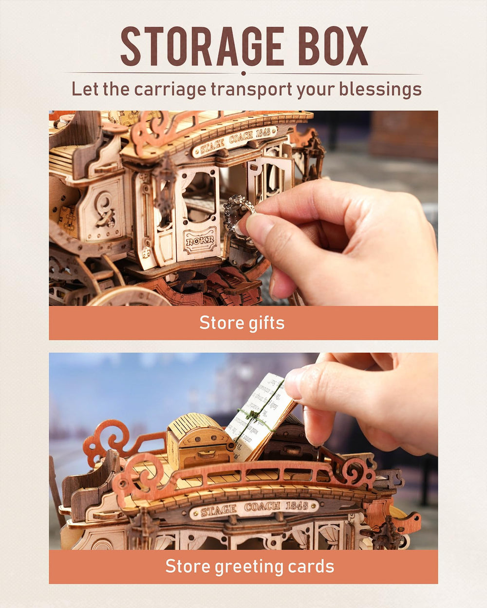 ROKR Stagecoach detailed-model showcases realistic decoration and elegant motifs.