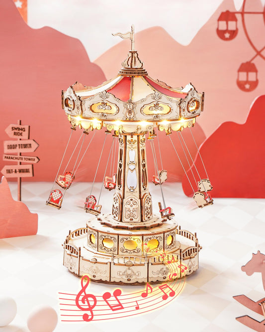 ROKR swing ride puzzle assembly with a detailed wooden mechanism for hands-on fun.