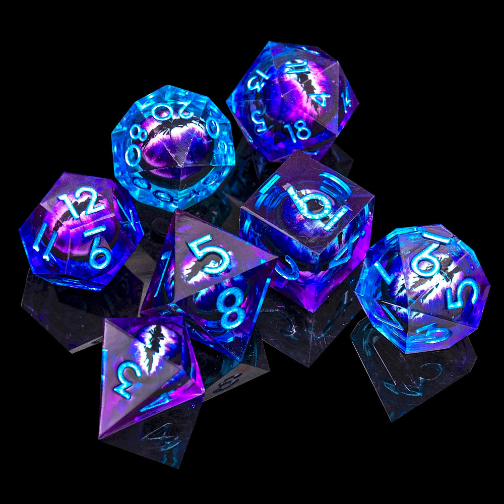 Seven-piece D4-D% dice set for various RPG systems by Role Dice.