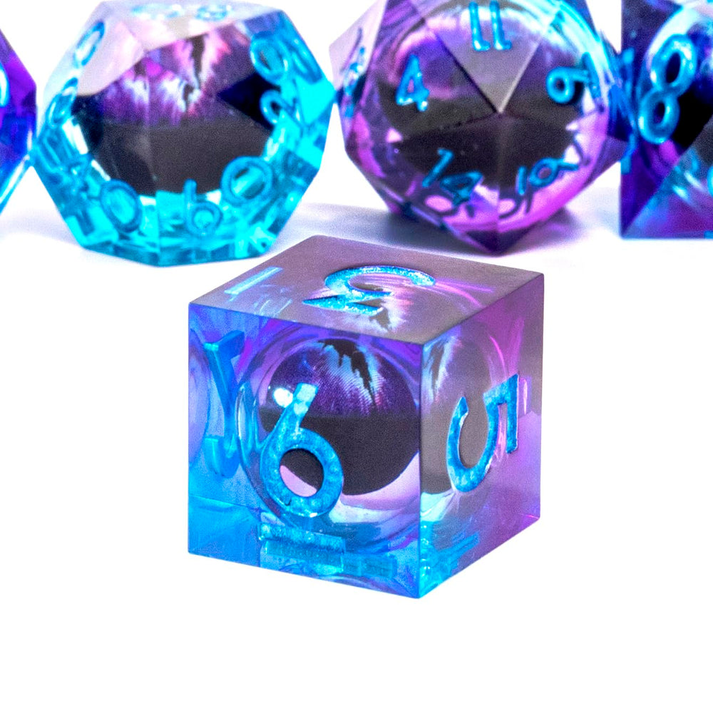 Premium resin with blue purple swirl catches light during rolls.
