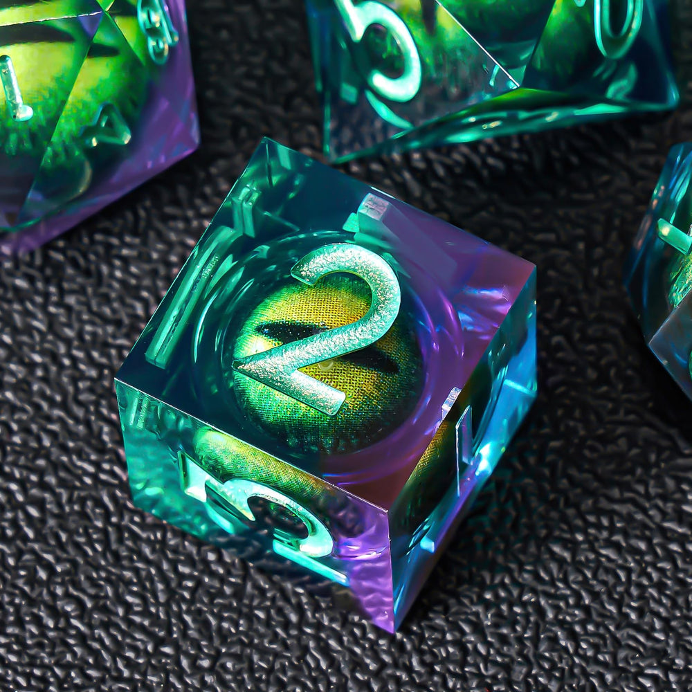 Role Dice liquid-core resin cat eye close-up showing vibrant color and clarity