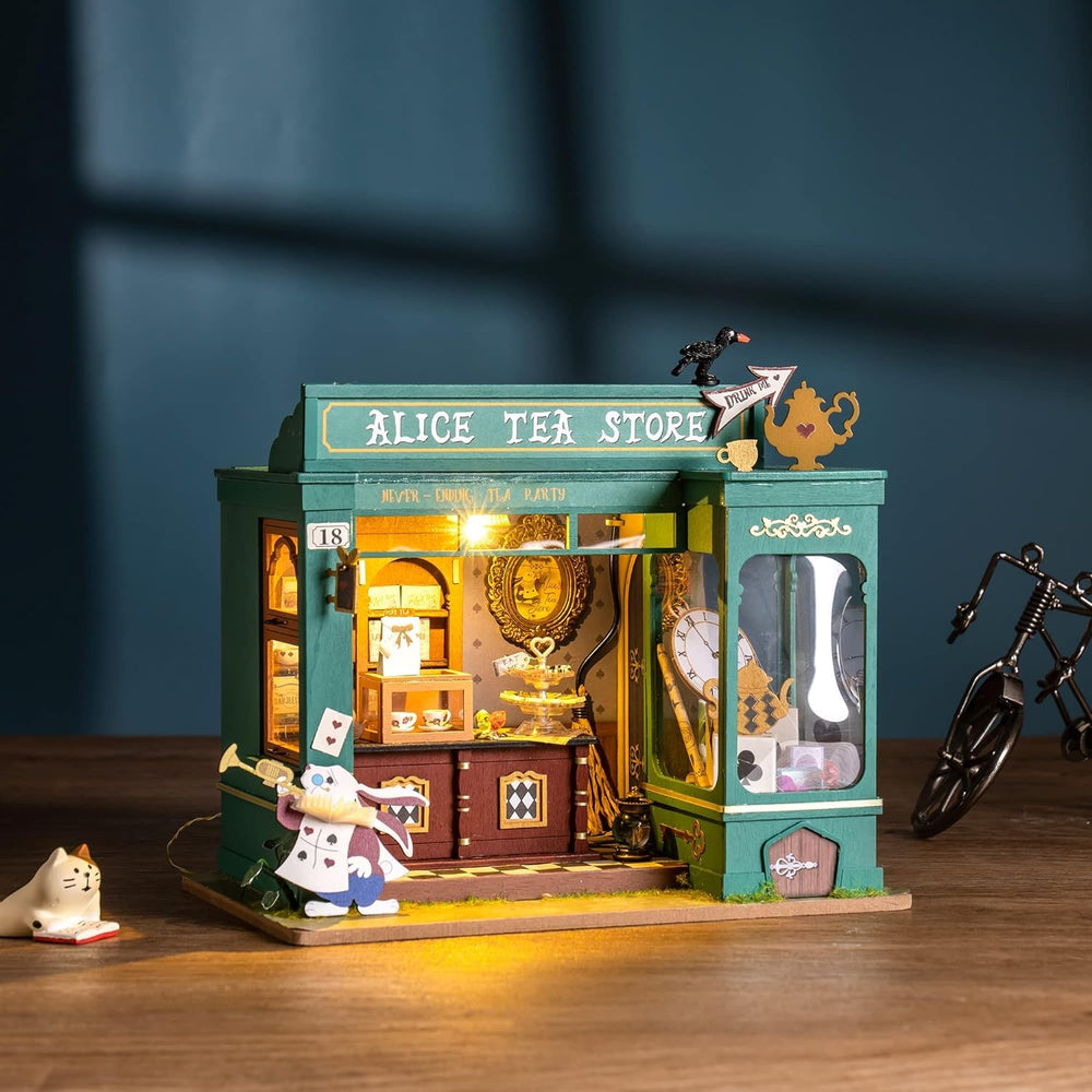 Rolife Alice's Tea Store DIY kit open packaging shows components for creative crafting.