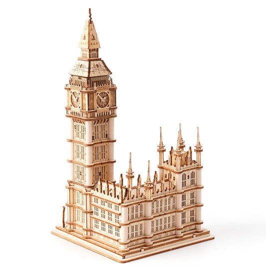Rolife Big Ben 3D puzzle assembly close-up showing precise laser-cut details for collectors.