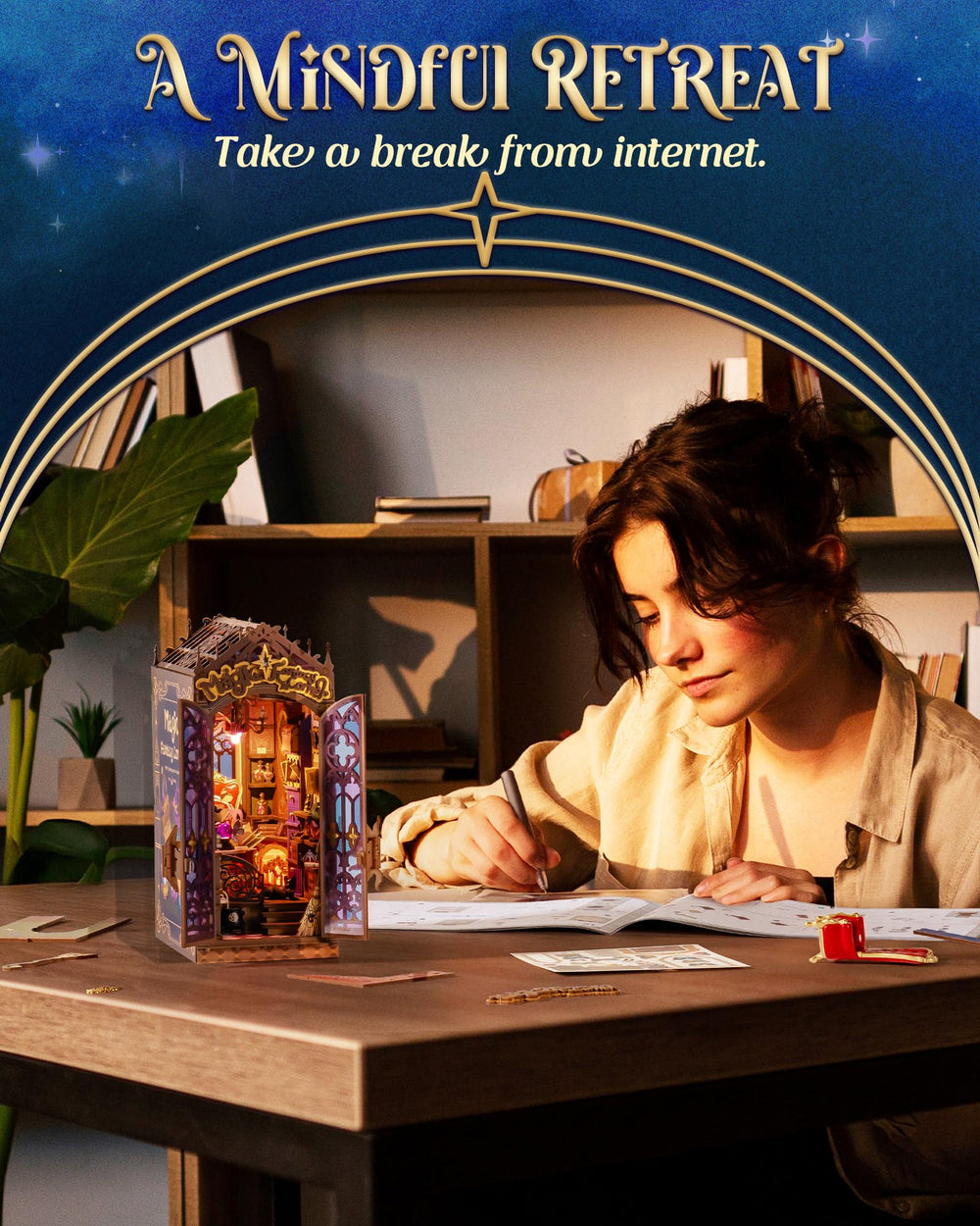 Rolife Book Nook Kit Dust-Free Display: door seals dust, protecting the tiny world.