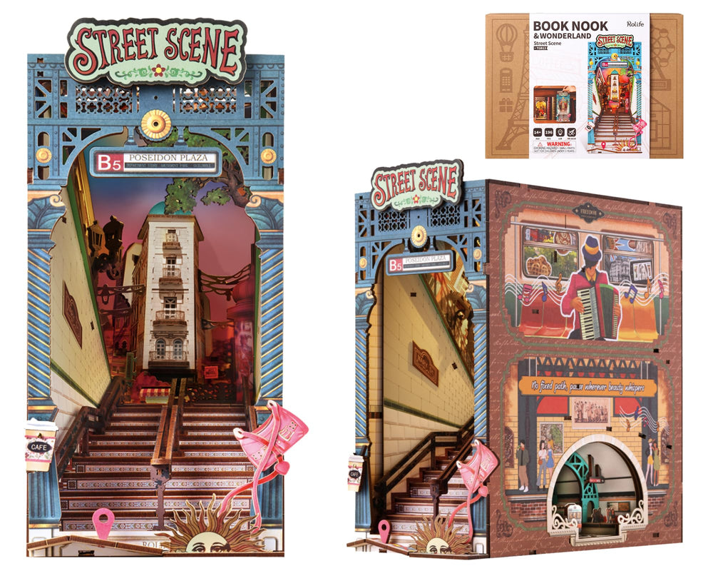 Rolife Book Nook cityscape daylight scene enhances modern decor with crisp skyline detail.