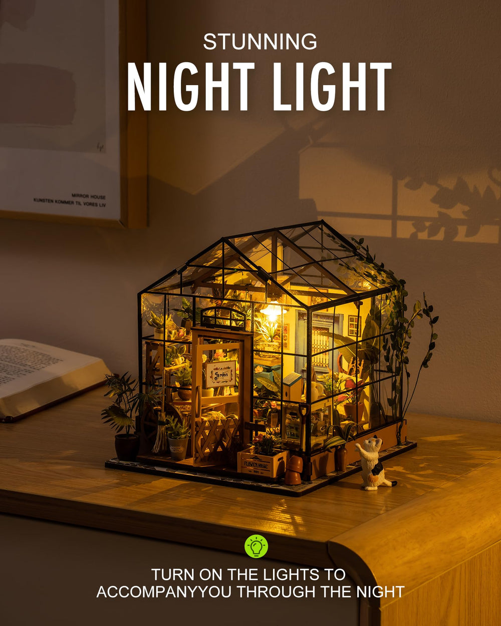 Rolife Cathy’s Greenhouse tabletop display on a desk or cabinet