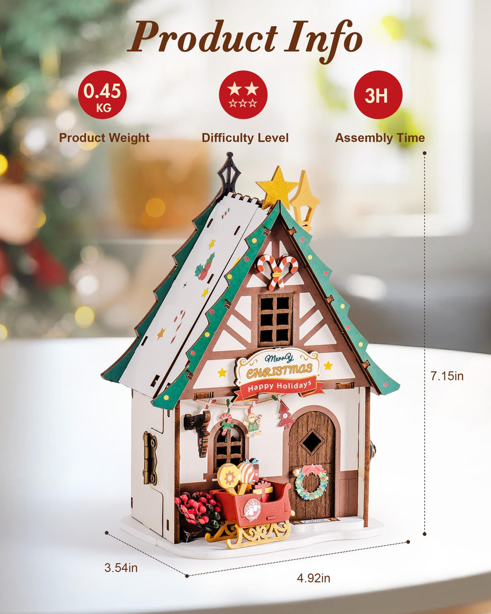 Rolife Christmas House Compact Size fits small shelves and festive corners.