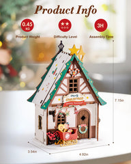 Rolife Christmas House Compact Size fits small shelves and festive corners.