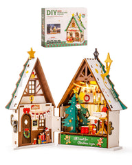 Rolife Christmas House Kit, front view, enhances festive desk decor and cozy vibes.