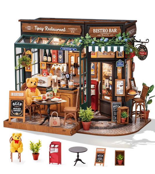 Rolife coffee-bar dollhouse front facade adds welcoming storefront charm to your shelf.