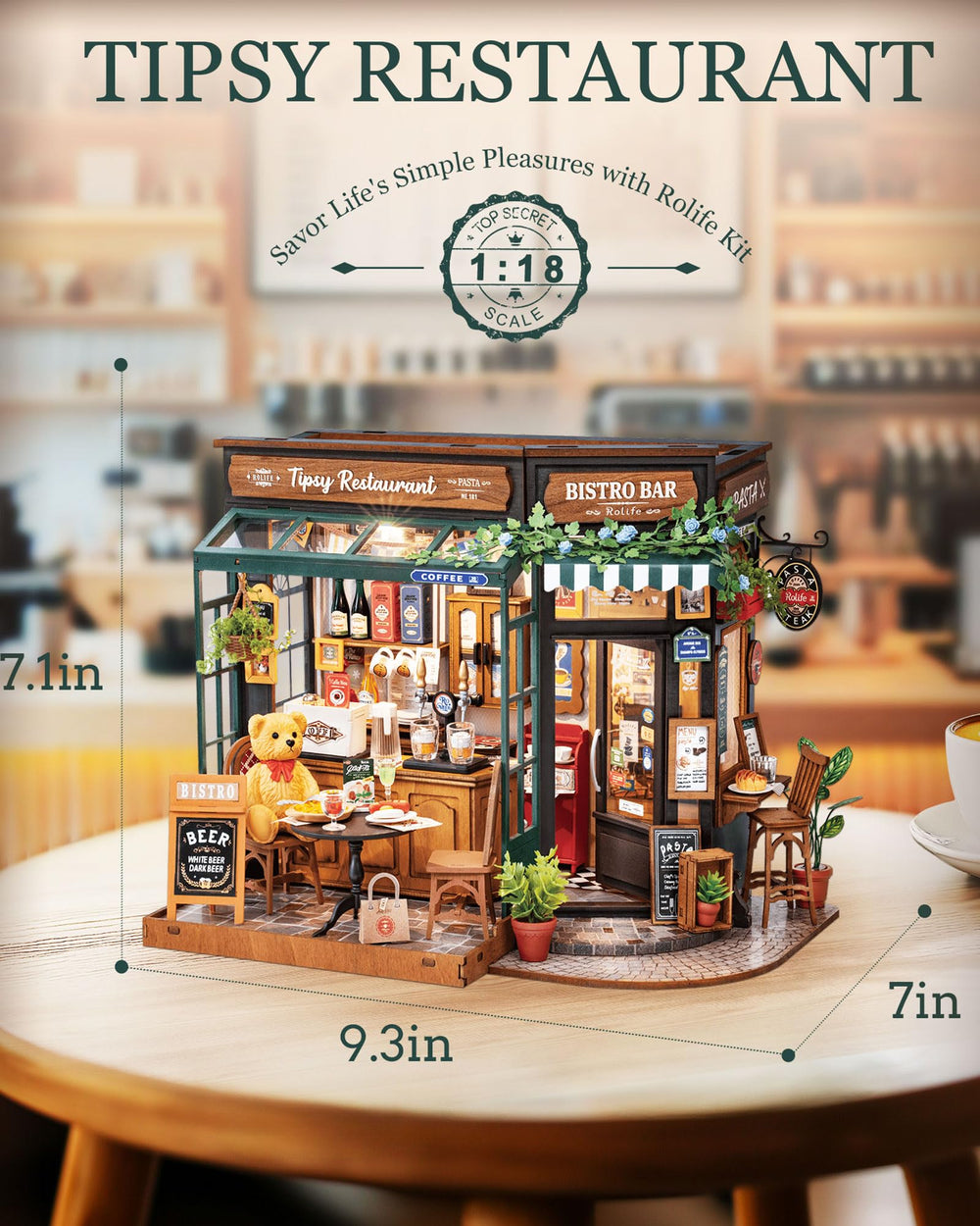 Rolife coffee-bar dollhouse interior dining table creates intimate scene for imaginative play.