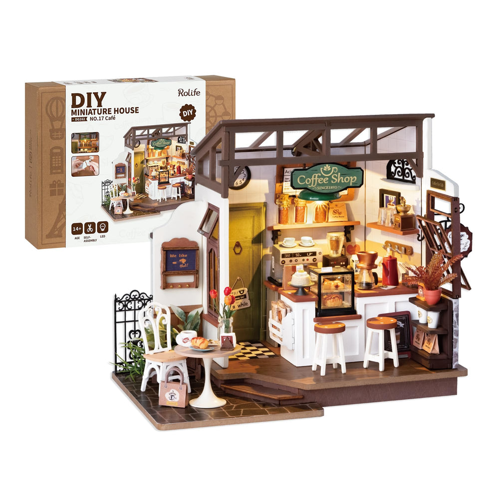 Rolife coffee shop dollhouse kit with LED lights for warm desk ambiance