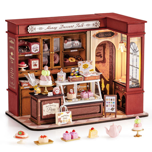 Rolife DIY dollhouse miniature vintage dessert shop front illuminated for cozy display.