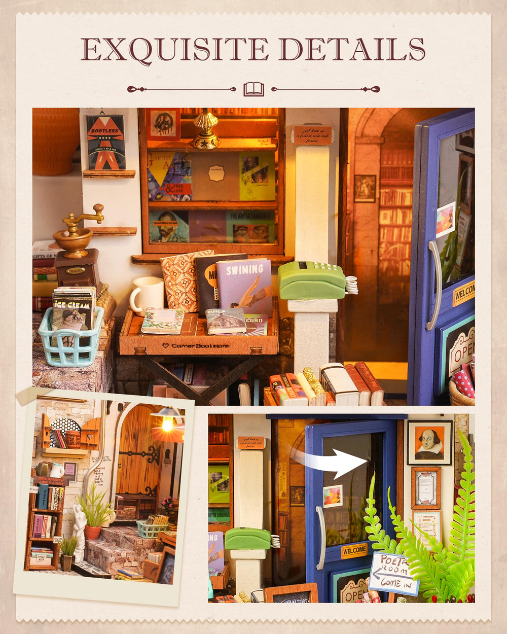 Rolife LED lights illuminate the mini bookstore creating a warm, inviting ambiance.
