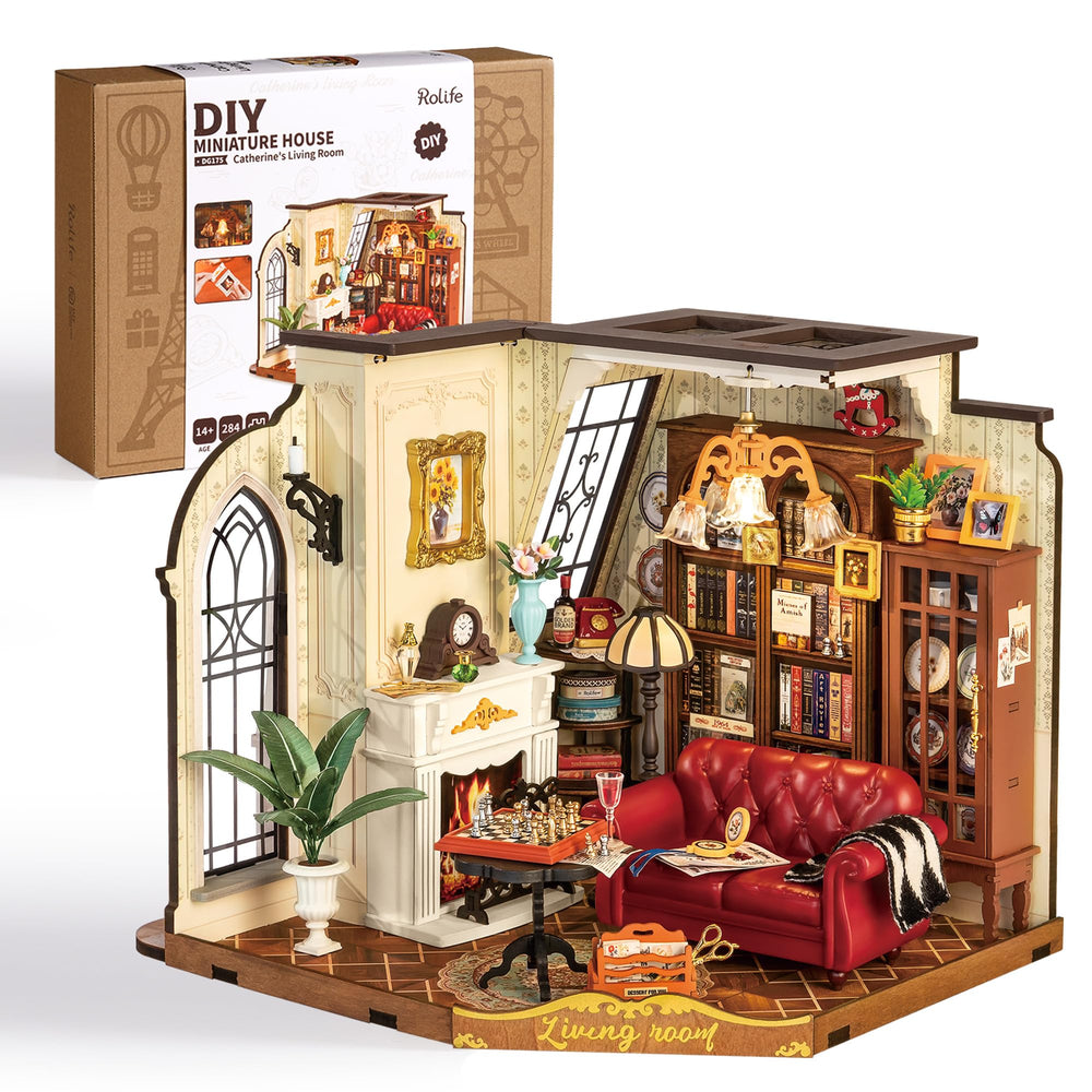Rolife dollhouse front view highlights Catherine's Living Room for cozy home decor inspiration.