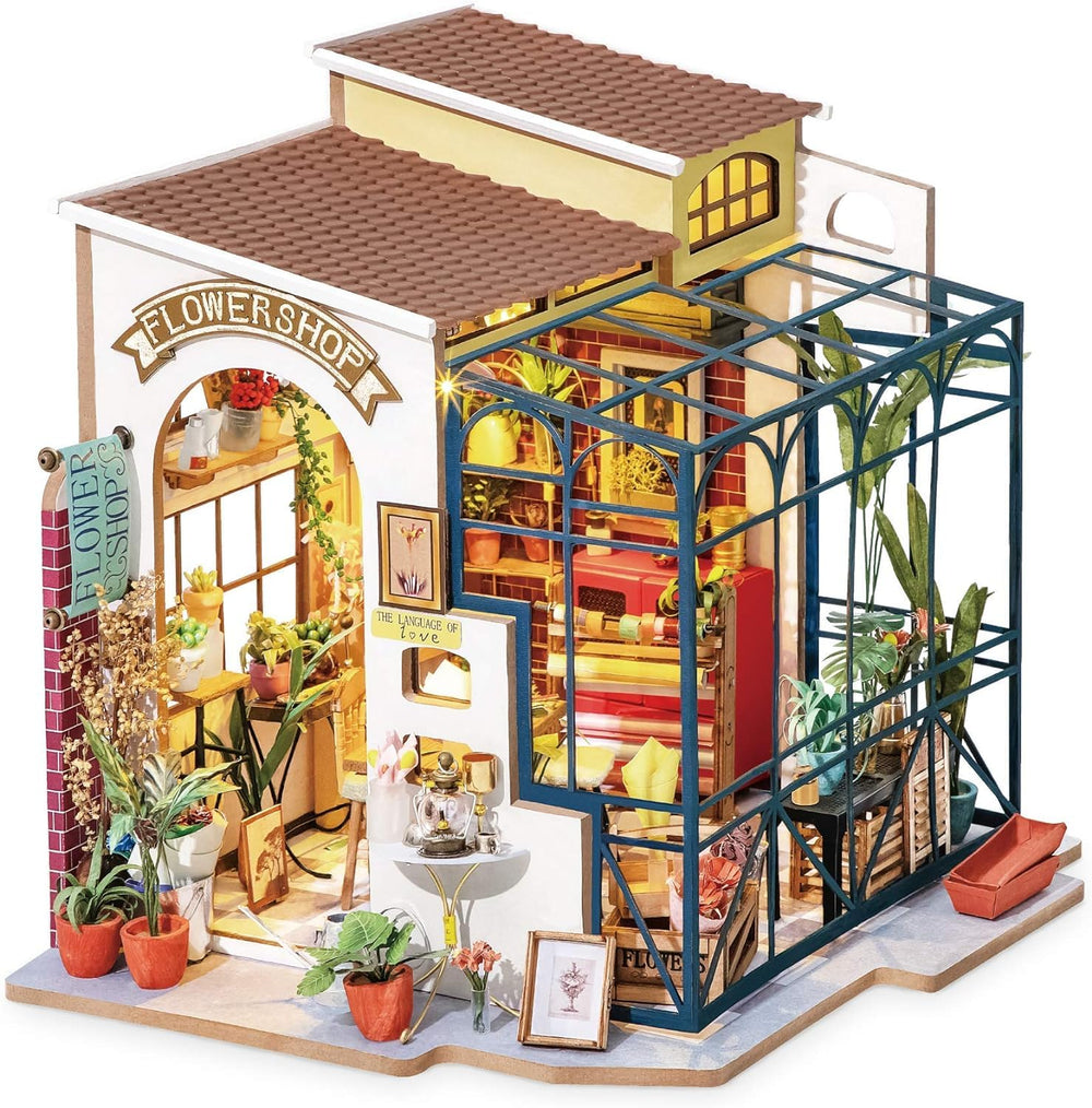 Rolife DIY Miniature Flower Shop furniture set close-up for detailed crafting.